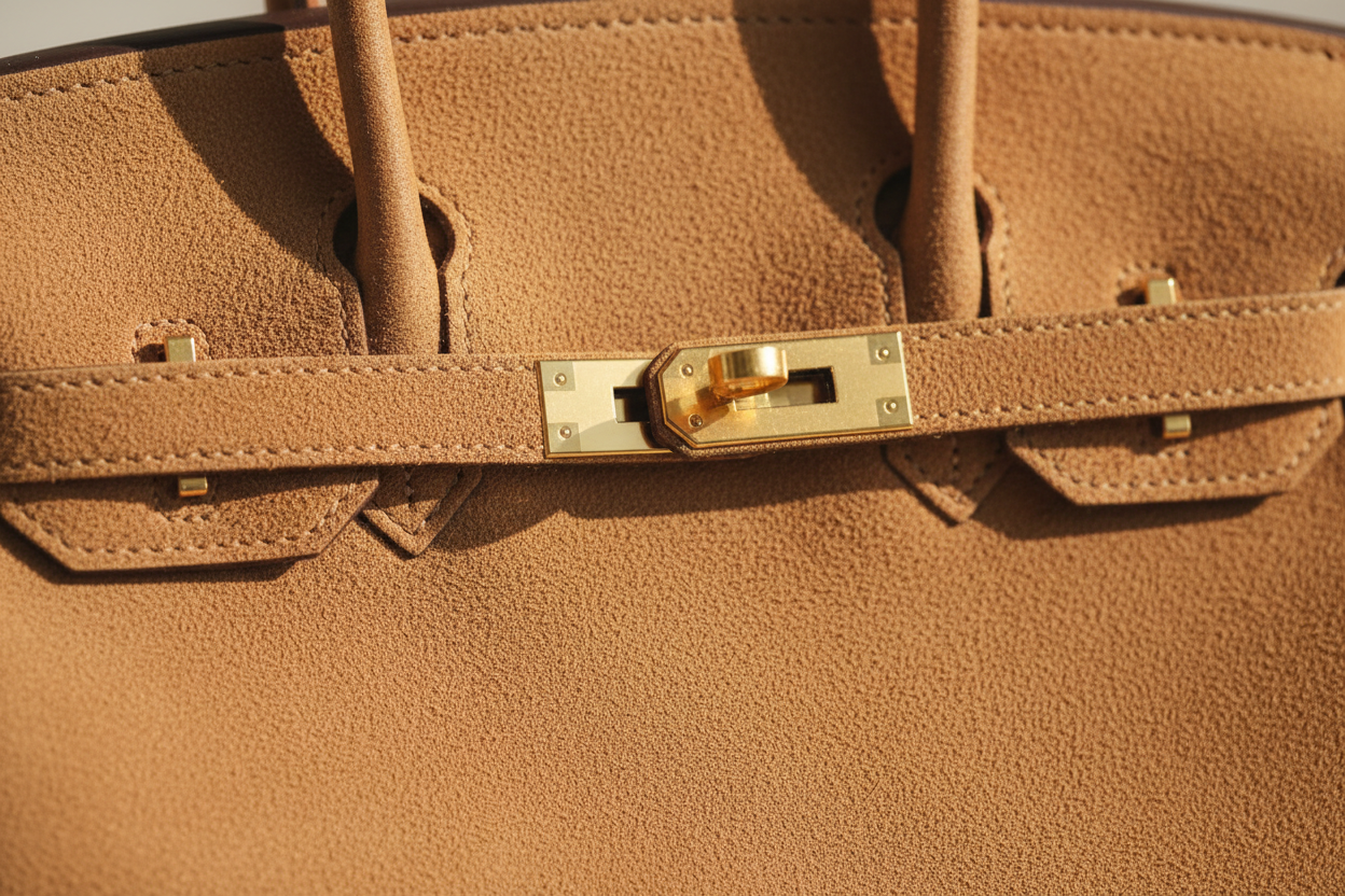 Hermès „Veau Doblis“ Suede Birkin: Das Meisterwerk aus kamelfarbenem Wildleder & der Triumph des matten Luxus